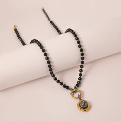 Black obsidian medium necklace with gun metal plated lava pendant