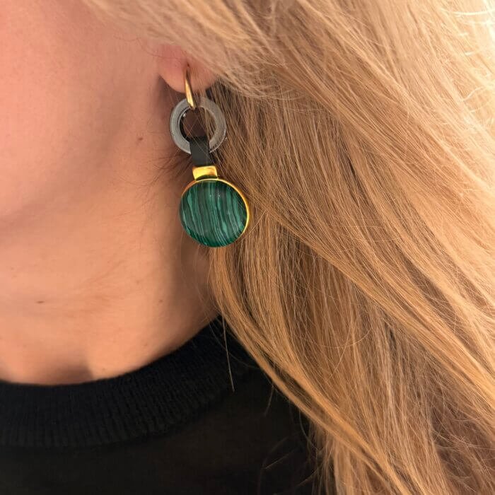 Green stabilized malachite and hematite hoop earrings