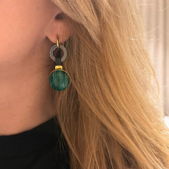 Green stabilized malachite and hematite hoop earrings