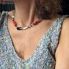 juodas ir baltas kaklo papuosalas Vėrinys su koralu, perlais, marmuru ir Swarovski kristalais