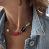 Išskirtinis kaklo papuošalas Vėrinys su koralu, perlais, marmuru ir Swarovski kristalais