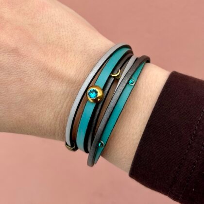 Blue and grey natural leather triple bracelet