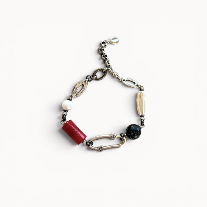raudona apyrankė Apyrankė su perlais, marmuru, koralu ir Swarovski kristalais