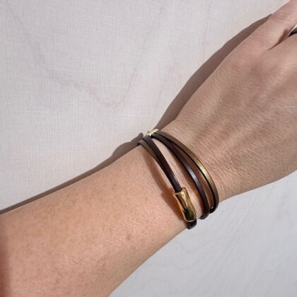 Brown natural leather double bracelet