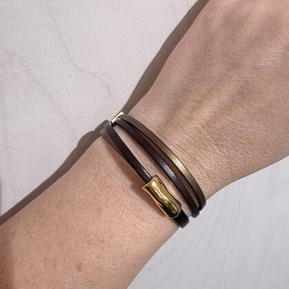 Brown natural leather double bracelet