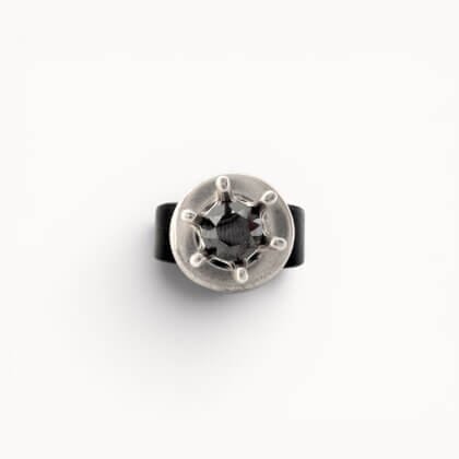 Black natural leather ring with Swarovski crystal