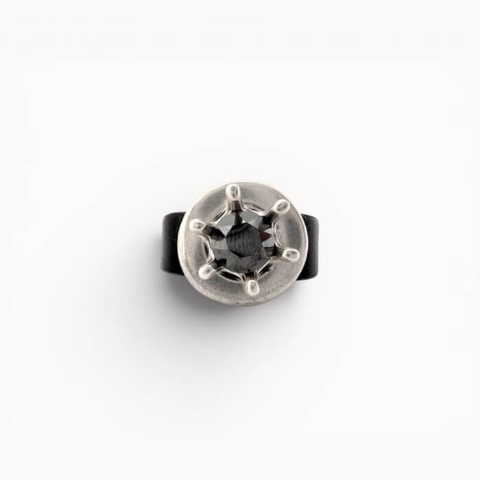 black ring Black natural leather ring with Swarovski crystal