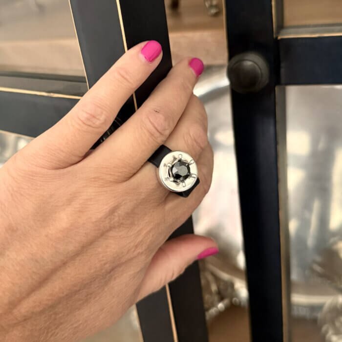 Black natural leather ring with Swarovski crystal