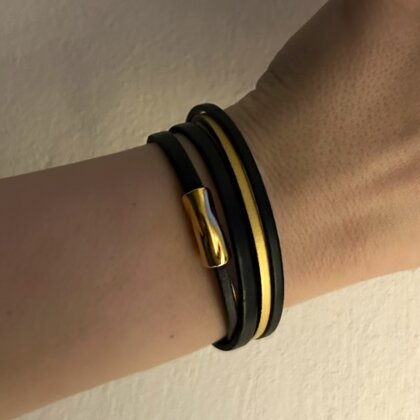 Black and gold natural leather triple bracelet