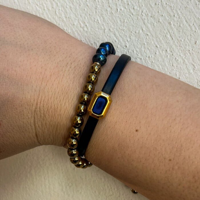 Blue natural leather, pearls and hematite wrapped bracelet