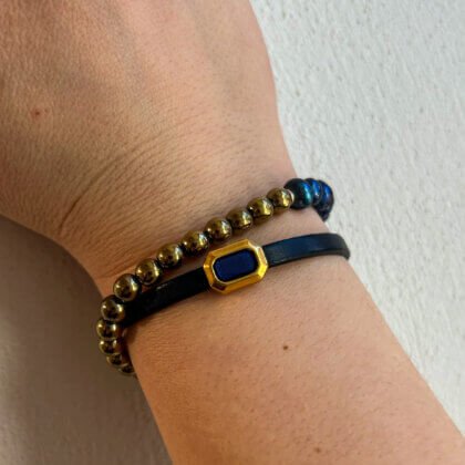 Blue natural leather, pearls and hematite wrapped bracelet