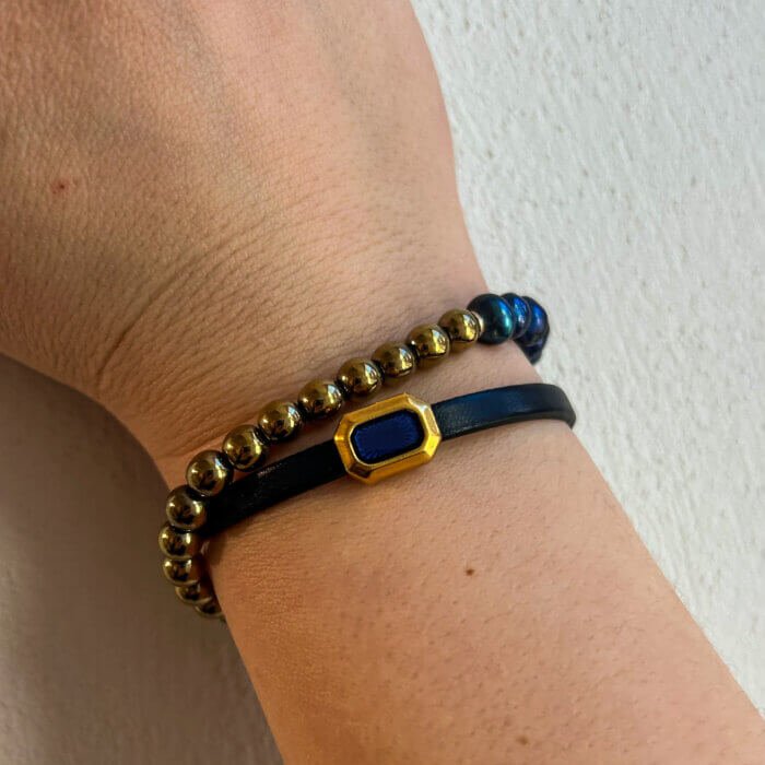 Blue natural leather, pearls and hematite wrapped bracelet