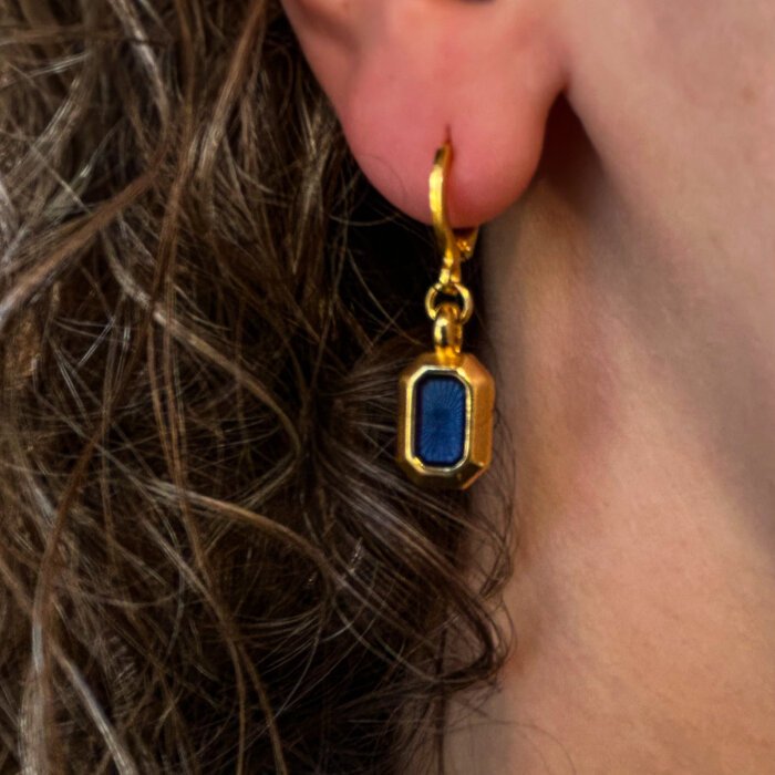 Gold plated drop earrings with blue enamel