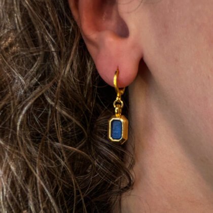 Gold plated drop earrings with blue enamel