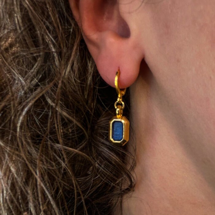 Gold plated drop earrings with blue enamel