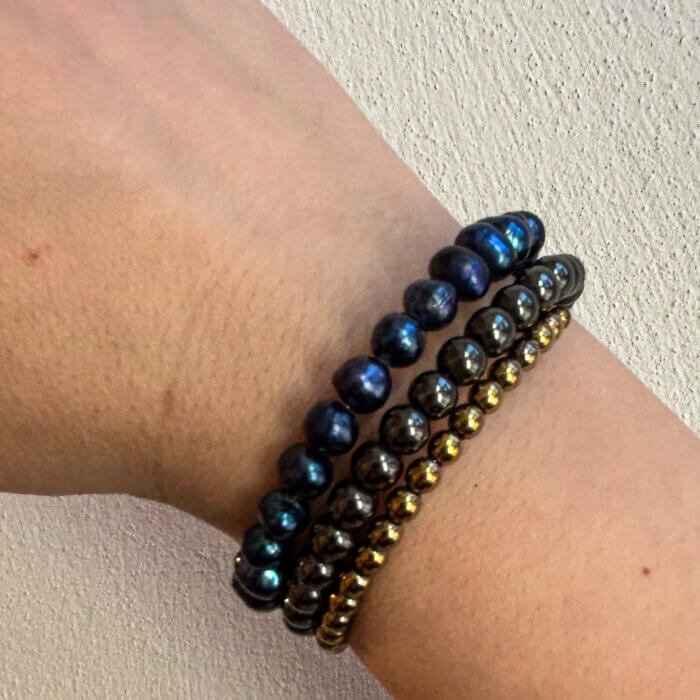 Blue pearls and grey hematite wrap bracelet