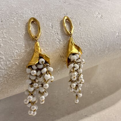 Festive earrings with white pearls and glass beads