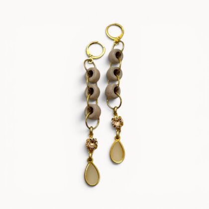 Beige drop earrings with ceramic beads, Swarovski crystals and stained glass