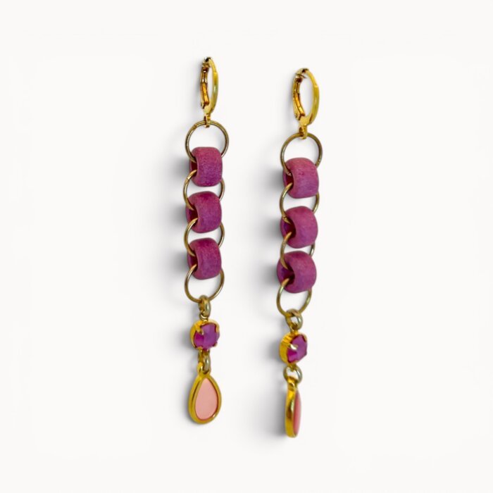 bright earrings Pink drop earrings with ceramic beads, Swarovski crystals and stained glass