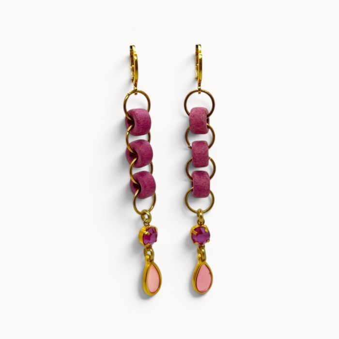 long earrings Pink drop earrings with ceramic beads, Swarovski crystals and stained glass