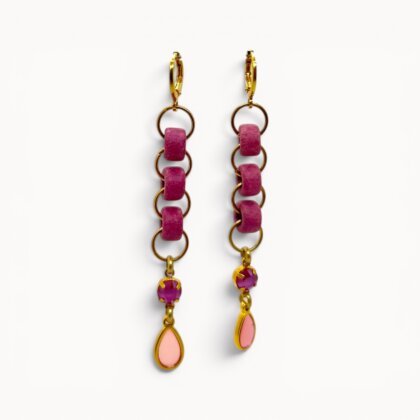 Pink drop earrings with ceramic beads, Swarovski crystals and stained glass