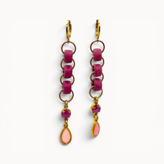 pink earrings Pink drop earrings with ceramic beads, Swarovski crystals and stained glass