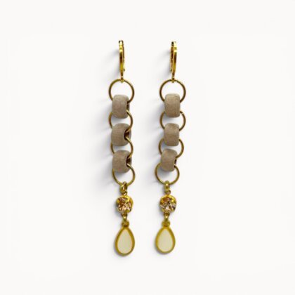 Beige drop earrings with ceramic beads, Swarovski crystals and stained glass