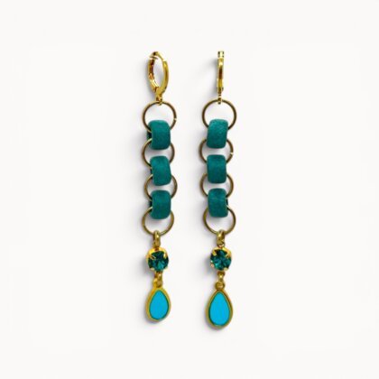 Blue drop earrings with ceramic beads, Swarovski crystals and stained glass