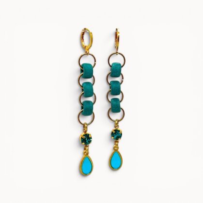 Blue drop earrings with ceramic beads, Swarovski crystals and stained glass