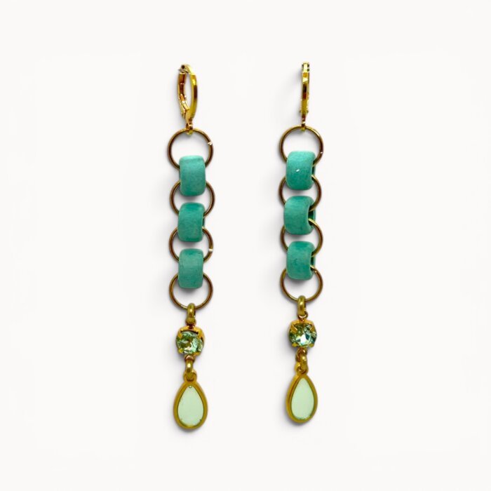 blue earrings Light blue drop earrings with ceramic beads, Swarovski crystals and stained glass