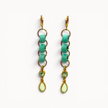 Light blue drop earrings with ceramic beads, Swarovski crystals and stained glass