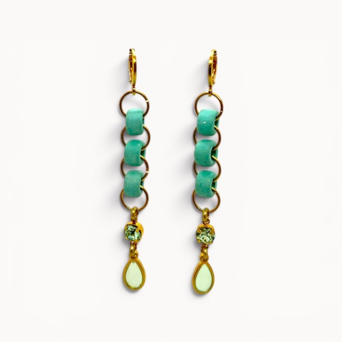 long earrings Light blue drop earrings with ceramic beads, Swarovski crystals and stained glass