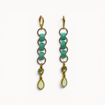 Light blue drop earrings with ceramic beads, Swarovski crystals and stained glass