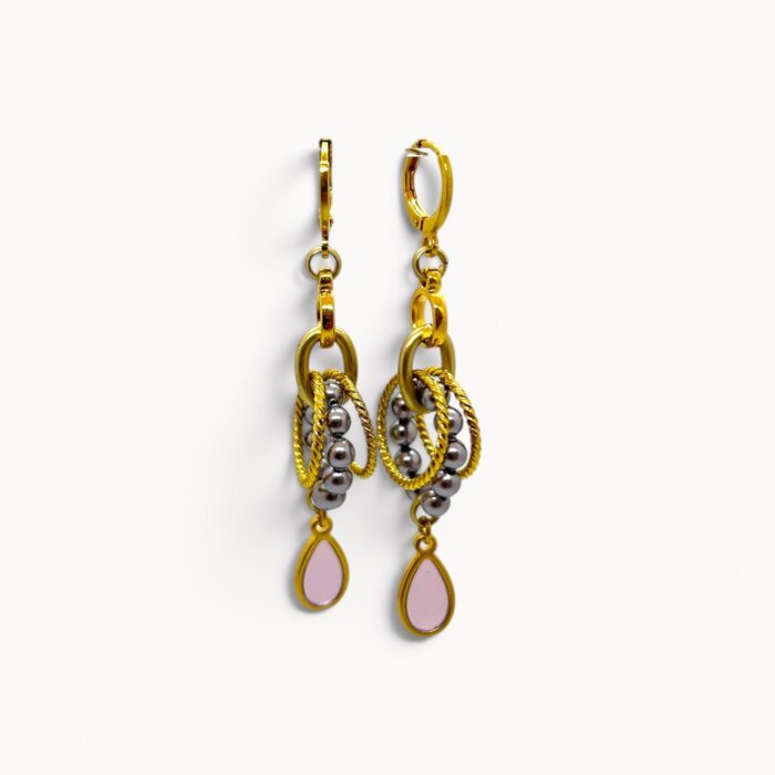 purple earrings Pink drop earrings with Swarovski pearls and stained glass