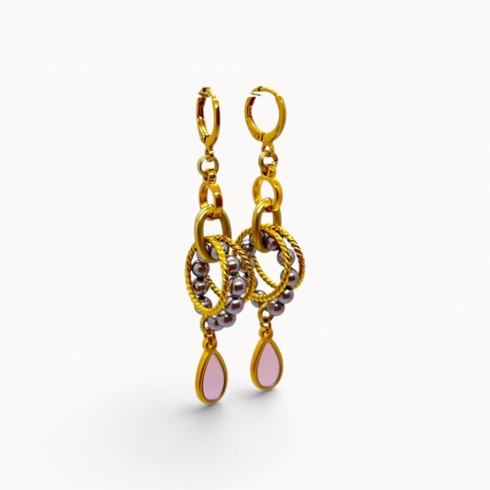 lightweight earrings Pink drop earrings with Swarovski pearls and stained glass