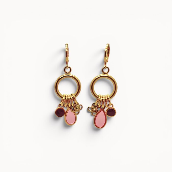 drop earrings Pink drop earrings with enamel and stained glass