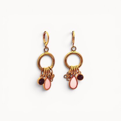Pink drop earrings with enamel and stained glass