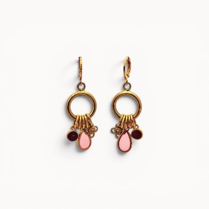 Pink drop earrings with enamel and stained glass