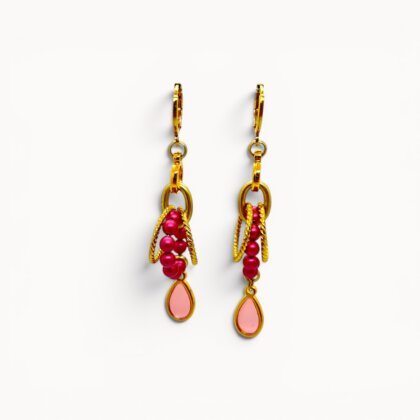 Pink drop earrings with Swarovski pearls and stained glass