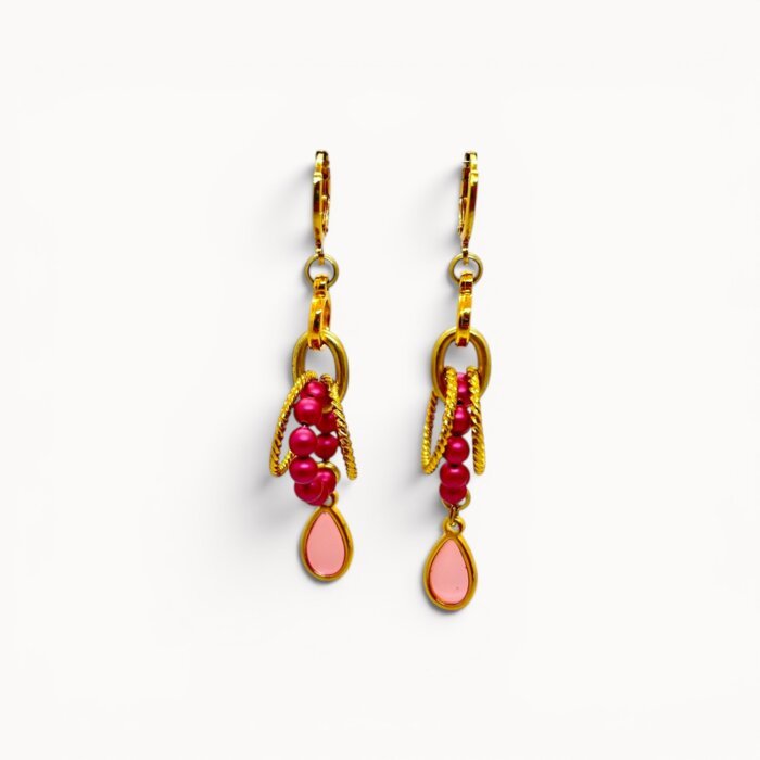 pink drop earrings Pink drop earrings with Swarovski pearls and stained glass