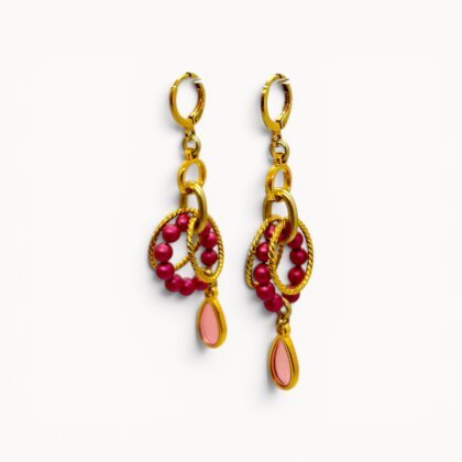 Pink drop earrings with Swarovski pearls and stained glass
