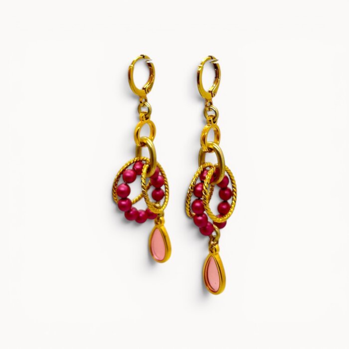 pink earrings Pink drop earrings with Swarovski pearls and stained glass