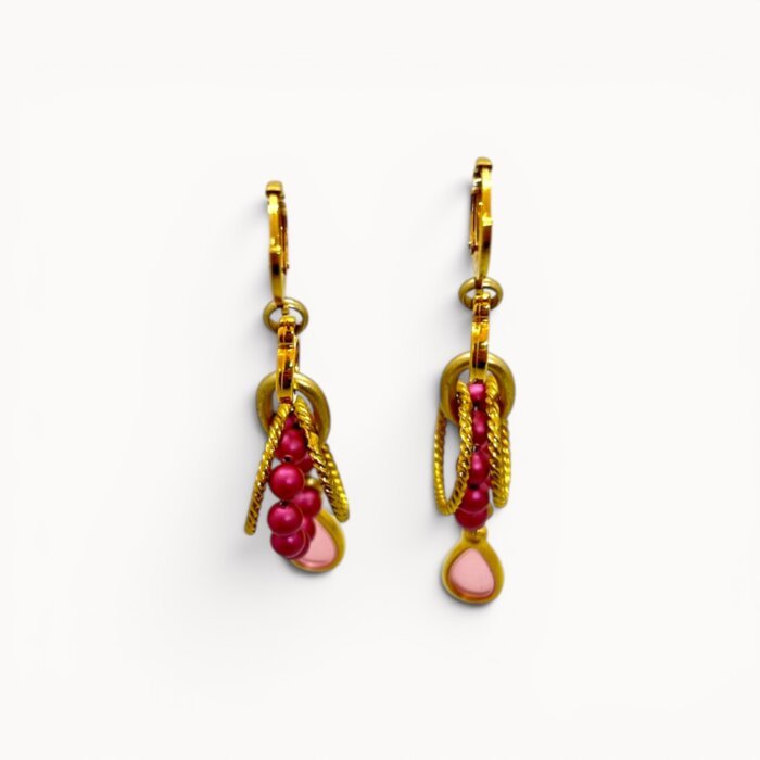 long earrings Pink drop earrings with Swarovski pearls and stained glass