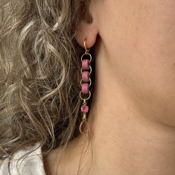 summer earrings Pink drop earrings with ceramic beads, Swarovski crystals and stained glass