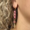 long earrings Pink drop earrings with ceramic beads, Swarovski crystals and stained glass