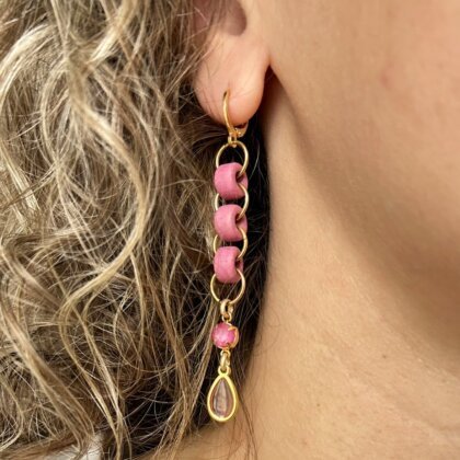 Pink drop earrings with ceramic beads, Swarovski crystals and stained glass