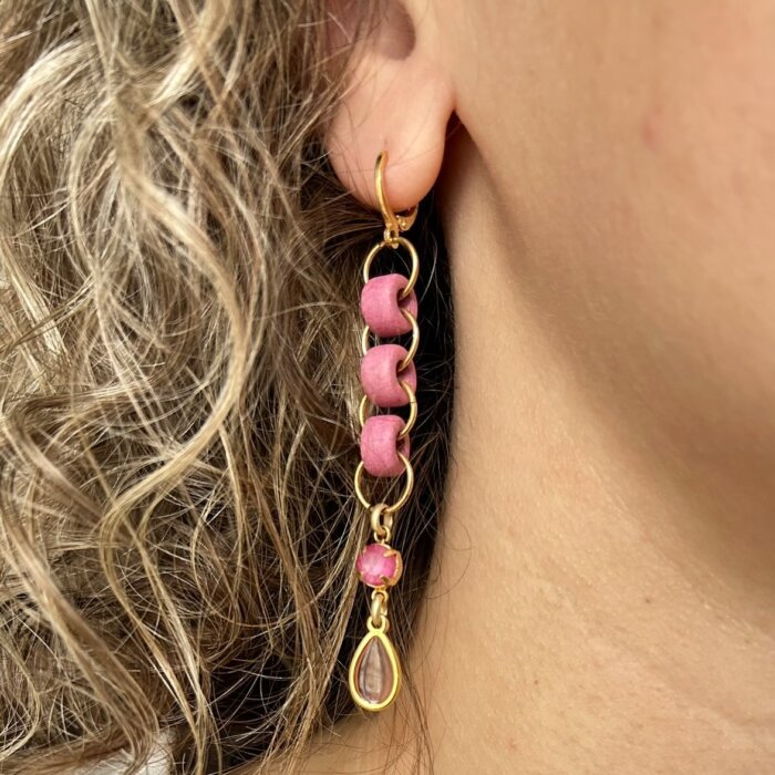 long earrings Pink drop earrings with ceramic beads, Swarovski crystals and stained glass