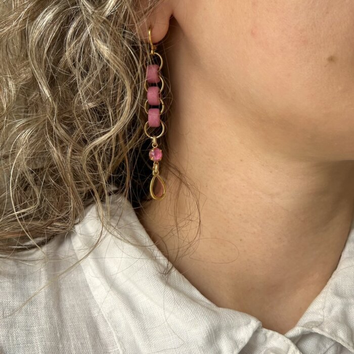 colourful earrings Pink drop earrings with ceramic beads, Swarovski crystals and stained glass
