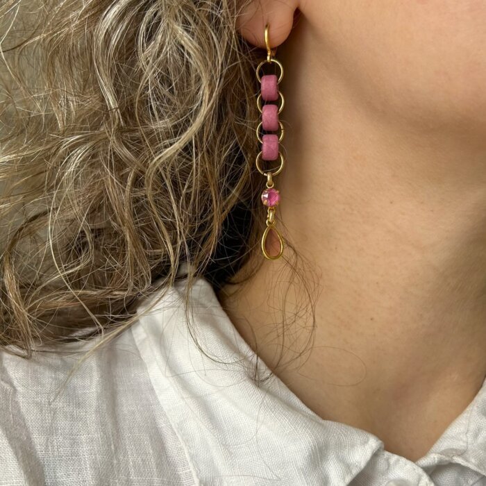 pink earrings Pink drop earrings with ceramic beads, Swarovski crystals and stained glass