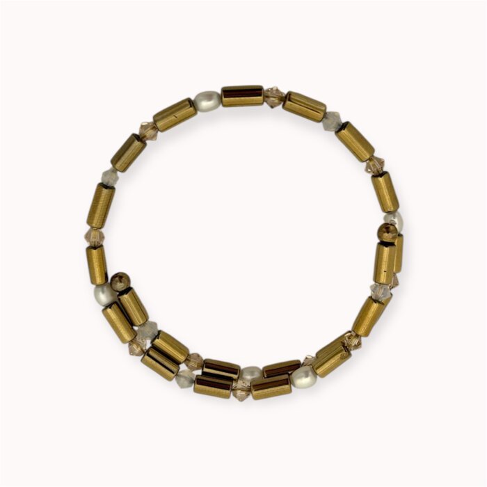 White and gold hematite, pearls and Swarovski crystals wrap bracelet 